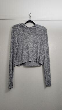 LD Women's Medium Gray Marled Knit Cropped Hoodie Long Sleeve Casual